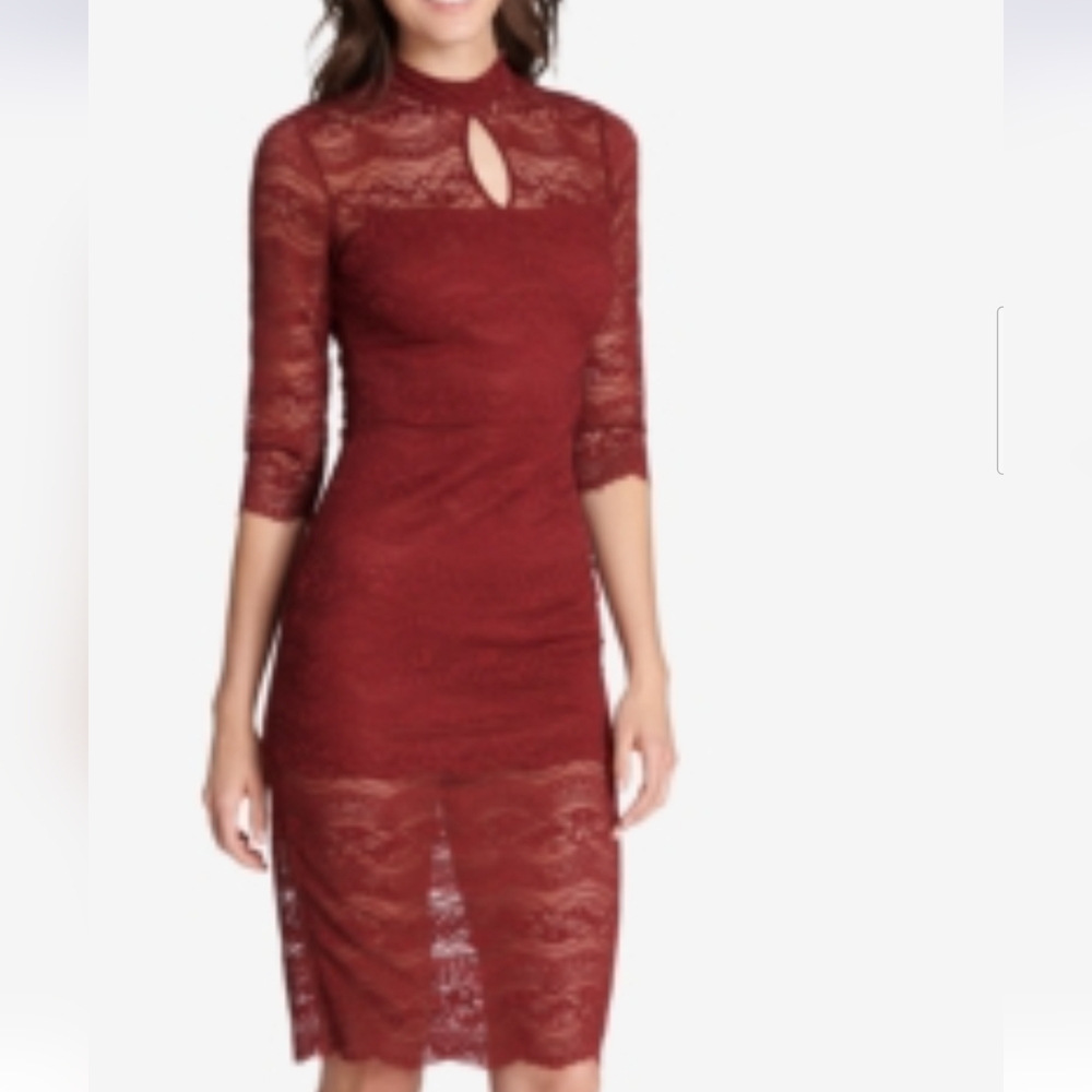 NWT KENSIE 3/4 SLEEVE BODYCON Elegant Lace Dress in Burgundy